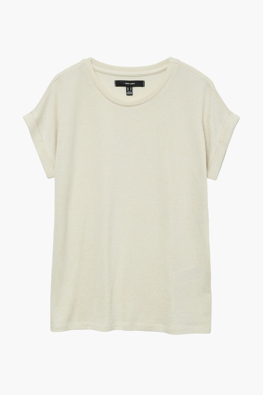 Beige T-shirt met korte mouwen van Vero Moda, met een fijne ribstructuur en omgeslagen mouwen.