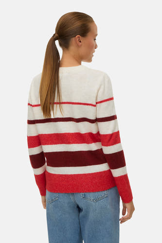 Sweat-shirt multicolore à col rond de VERO MODA, avec un motif rayé en blanc, rouge et bordeaux, vue arrière.
