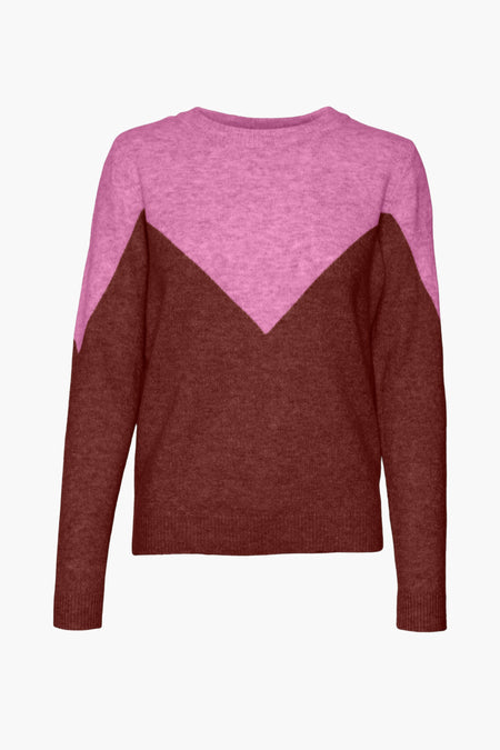Roze trui met ronde hals van VERO MODA, met bruin kleurblokpatroon in V-vorm.
