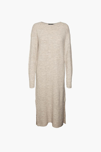Beige kleedje met lange mouwen van Vero Moda, met een gebreide textuur en zijsplitjes.
