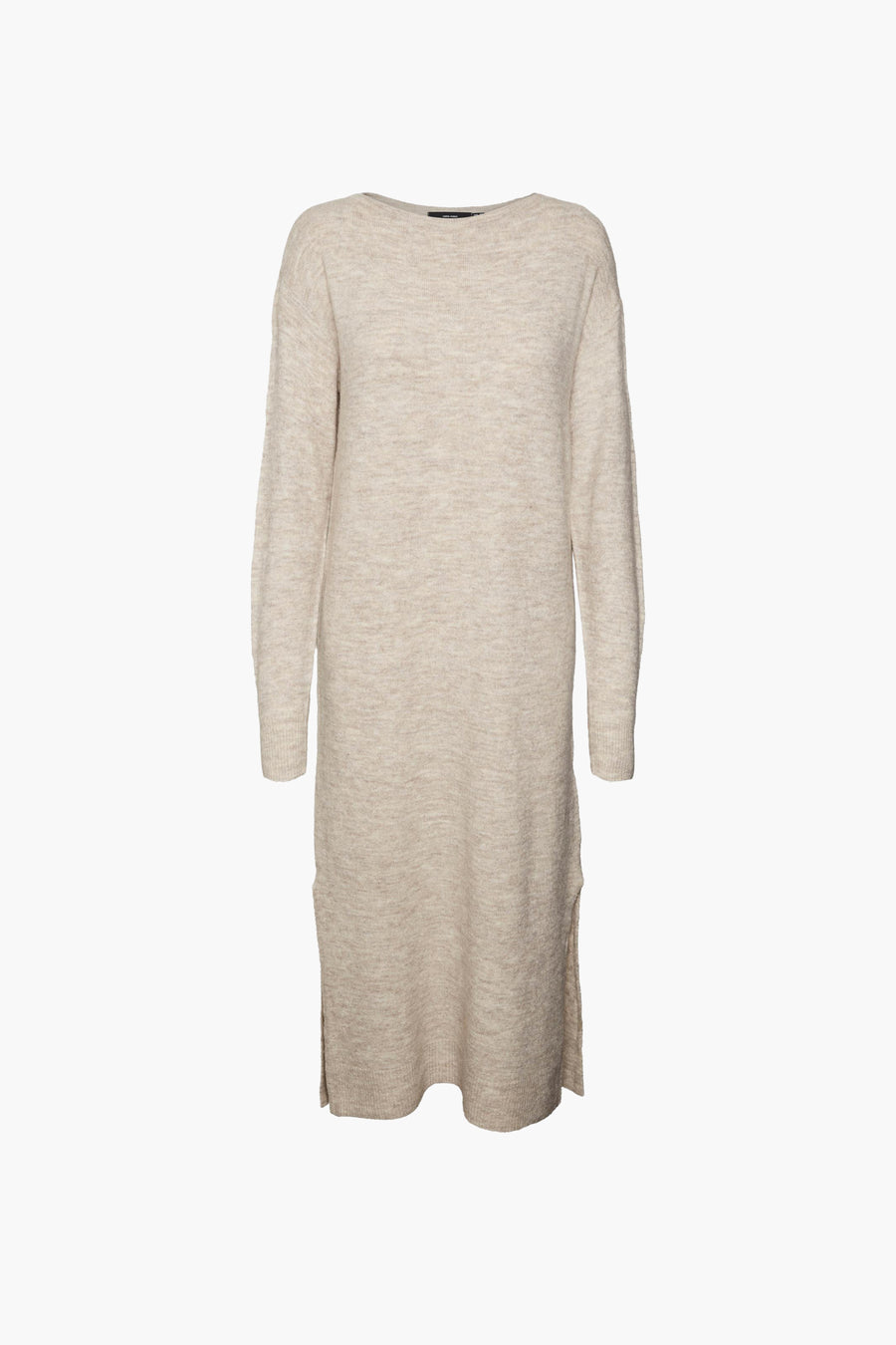Beige kleedje met lange mouwen van Vero Moda, met een gebreide textuur en zijsplitjes.
