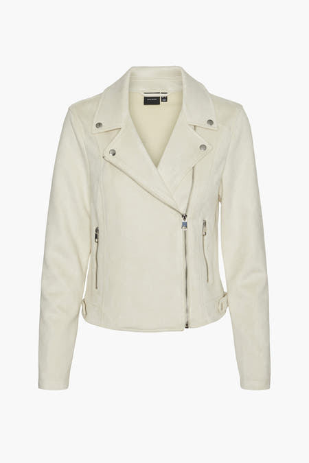 Beige leren jas van VERO MODA, met asymmetrische ritssluiting en zilverkleurige details.
