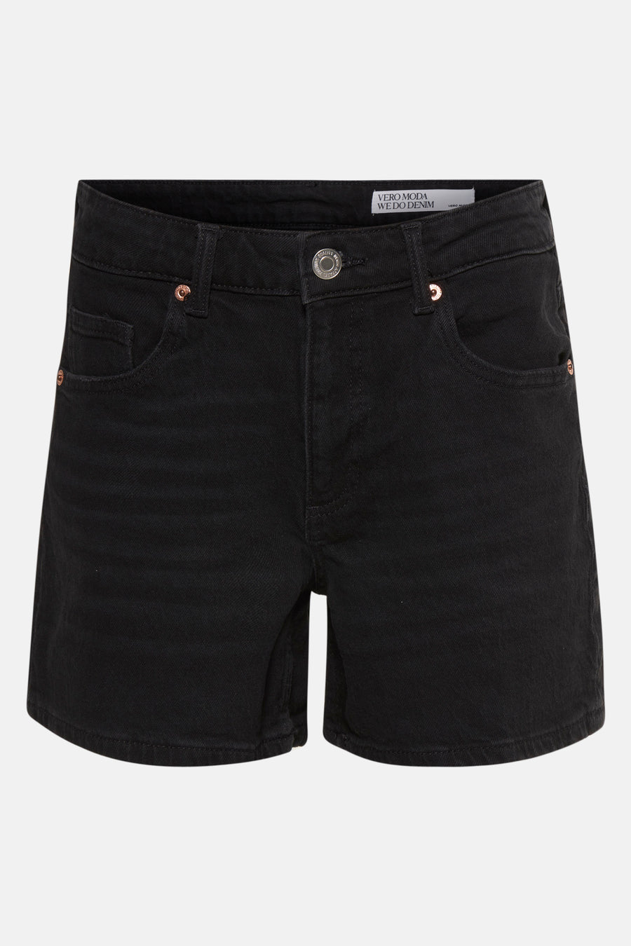 Short noir de VERO MODA, avec des détails couleur cuivre sur les poches et le nœud.
