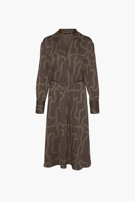 Bruine jurk met lange mouwen van VERO MODA, met abstract patroon en strikceintuur.