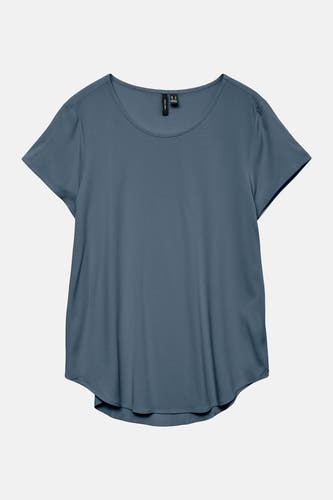 Blauw bloesje met korte mouwen van Vero Moda, met een ronde hals en een afgeronde zoom.
