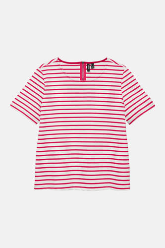 T-shirt rose à manches courtes de VERO MODA, avec des rayures blanches et une fermeture éclair rose à l'arrière.