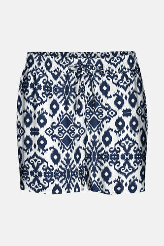 Bleu court de VERO MODA®, avec un motif ikat bleu et blanc et une ceinture à la taille.