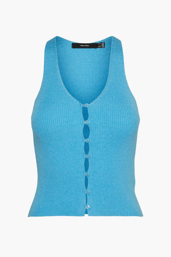 Blauwe pull van VERO MODA met knoopsluiting en geribbelde textuur.