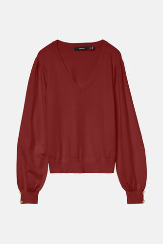 Rode trui met V-hals van VERO MODA, met lange mouwen en gouden knopen op de manchetten.