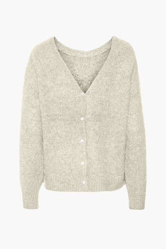 Gilet beige avec col rond de VERO MODA, texture tricot fine et fermeture à boutons.