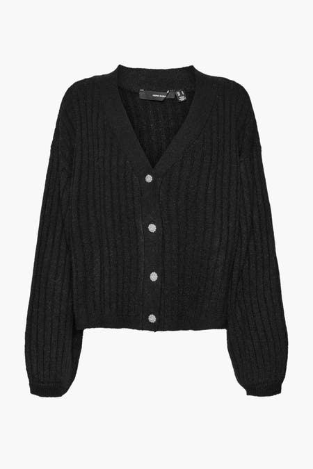 Zwart vest van VERO MODA met lange mouwen en glinsterende sierknopen.
