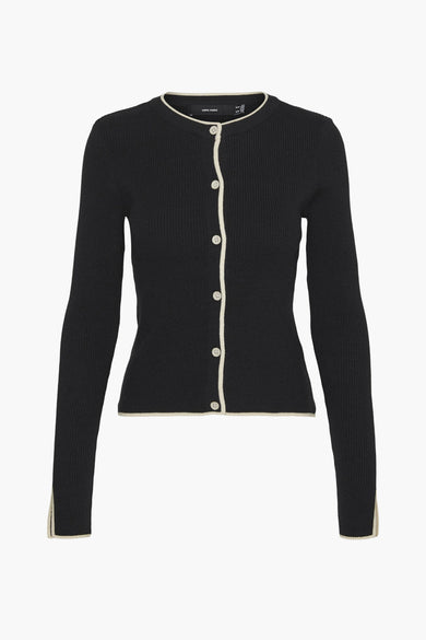 Zwart gilet van VERO MODA, met lange mouwen, knoopsluiting en beige bies langs de randen.