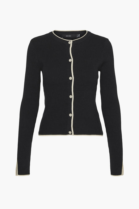 Zwart gilet van VERO MODA, met lange mouwen, knoopsluiting en beige bies langs de randen.