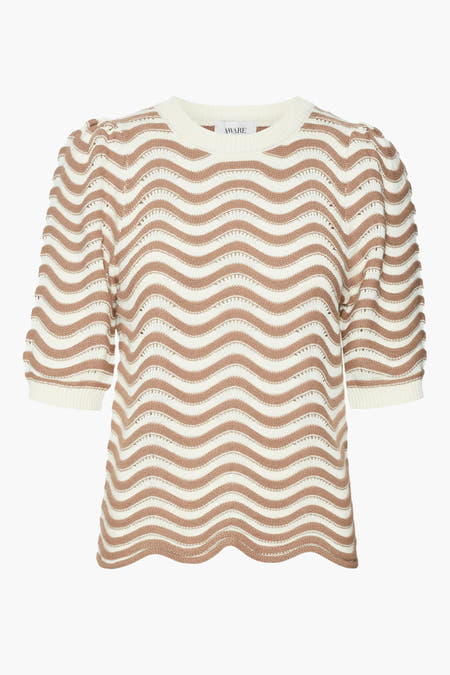 Beige trui met ronde hals van VERO MODA, met golvende strepen en korte pofmouwen.