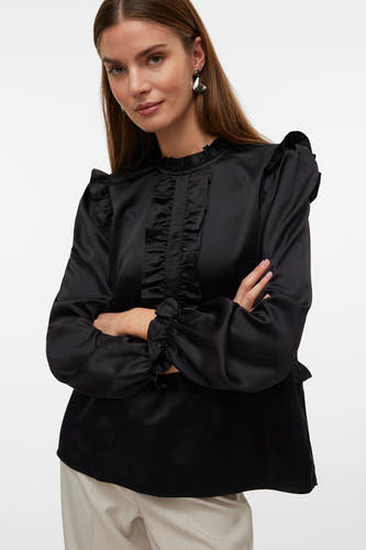 Zwarte blouse met lange mouwen van VERO MODA, afgewerkt met ruches voor een elegante uitstraling.
