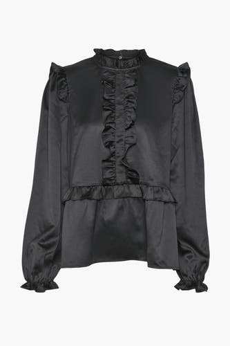 Zwarte blouse met lange mouwen van VERO MODA, met ruches aan de halslijn en voorkant.
