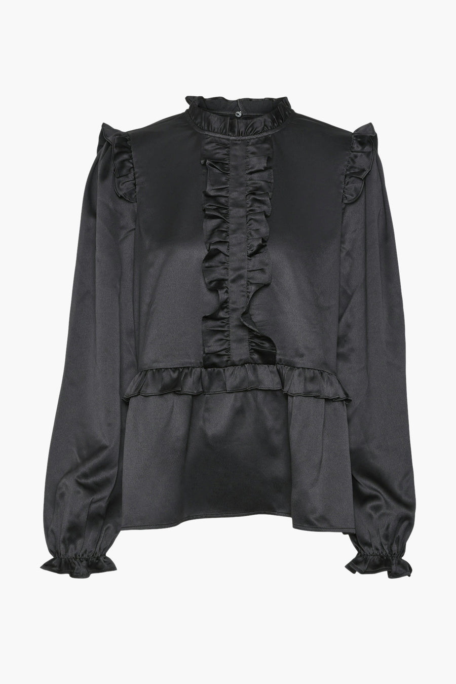Zwarte blouse met lange mouwen van VERO MODA, met ruches aan de halslijn en voorkant.
