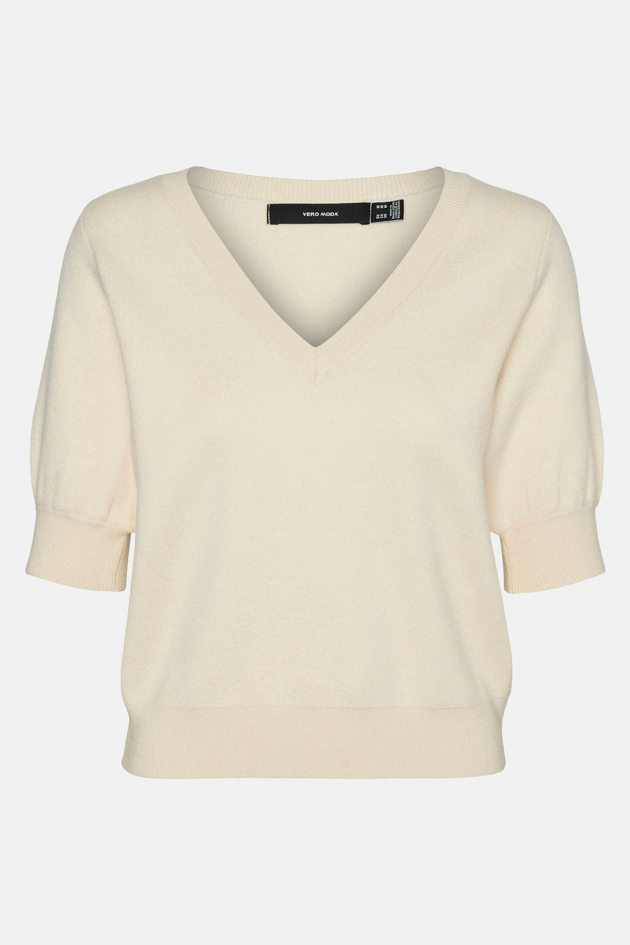 Sweat-shirt écru de VERO MODA avec col en V, manches courtes et bordures côtelées.