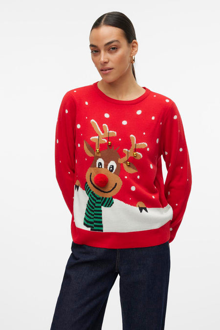Rode trui met ronde hals van VERO MODA®, kerst rendier print en sneeuwvlokken patroon.
