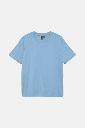 Blauw T-shirt met korte mouwen van VERO MODA®, effen kleur op een witte achtergrond.
