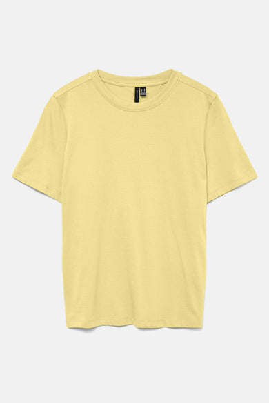 Geel T-shirt met korte mouwen van VERO MODA, effen kleur en een ronde hals.