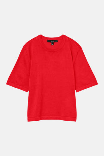 Pull rouge à col rond de VERO MODA, manches courtes et une structure en maille fine.
