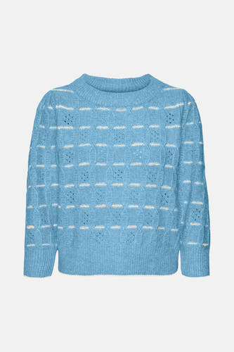 Blauwe trui met ronde hals van VERO MODA, met een ajourpatroon en horizontale strepen.
