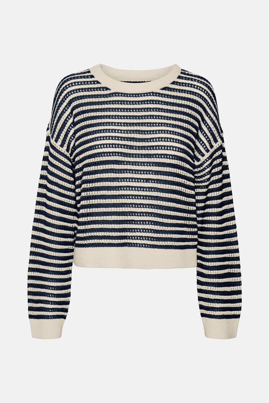 T-shirt écru avec col rond de VERO MODA, avec des rayures bleu marine et une texture tr tr ouverte.