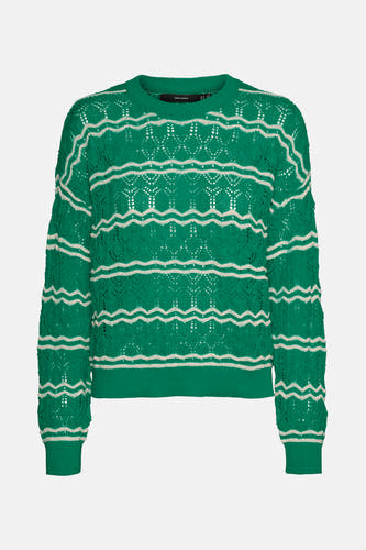 T-shirt vert avec col rond de VERO MODA, avec un motif ajouré et des rayures blanches.