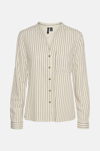 Chemise beige à manches longues de Vero Moda, avec des rayures verticales et une poche po.