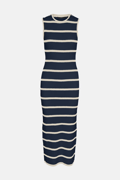 Blauwe mouwloze jurk van VERO MODA met crèmekleurige horizontale strepen en een aansluitende pasvorm.
