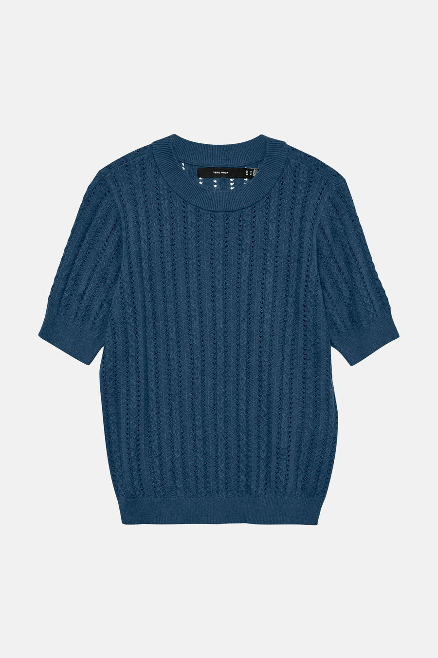 Pull bleu à col rond de VERO MODA®, à manches courtes et à motif ajouré.