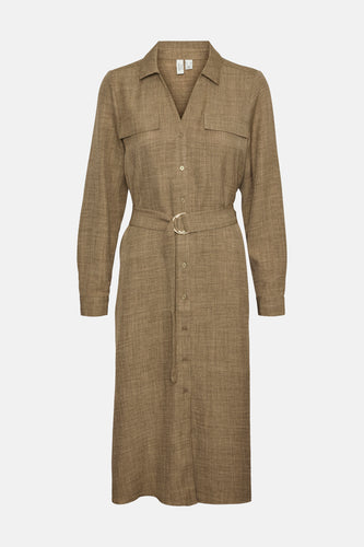 Bruine jurk met lange mouwen van VERO MODA, met knoopsluiting en een riem in de taille.