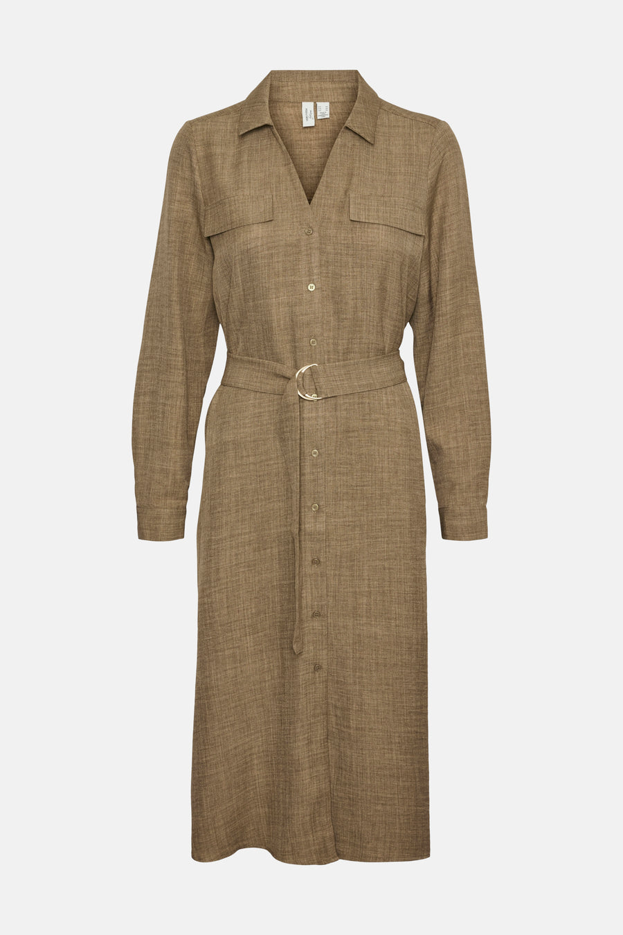 Bruine jurk met lange mouwen van VERO MODA, met knoopsluiting en een riem in de taille.