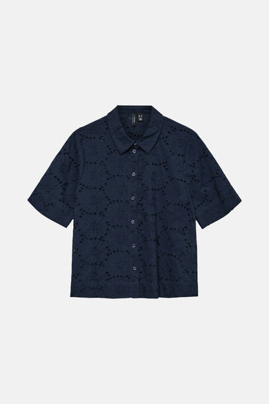 Blauw overhemd met korte mouwen van VERO MODA met broderie details.