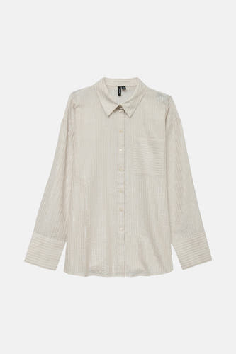 Beige, gestreept hemd met lange mouwen van Vero Moda, met borstzak en knoopsluiting.
