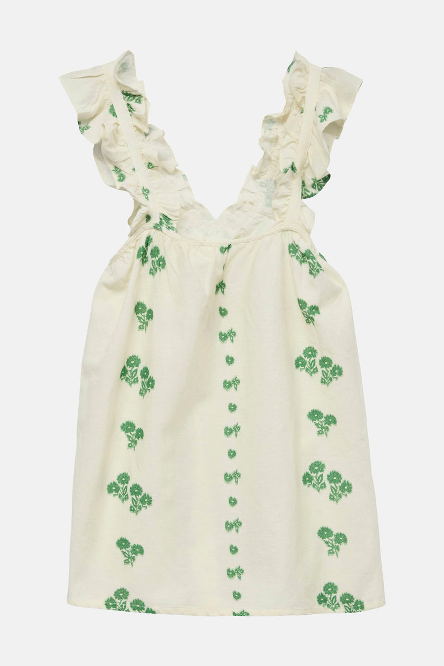 Ecru mouwloze blouse van VERO MODA, met groene bloemmotieven en ruches bij de schouders.
