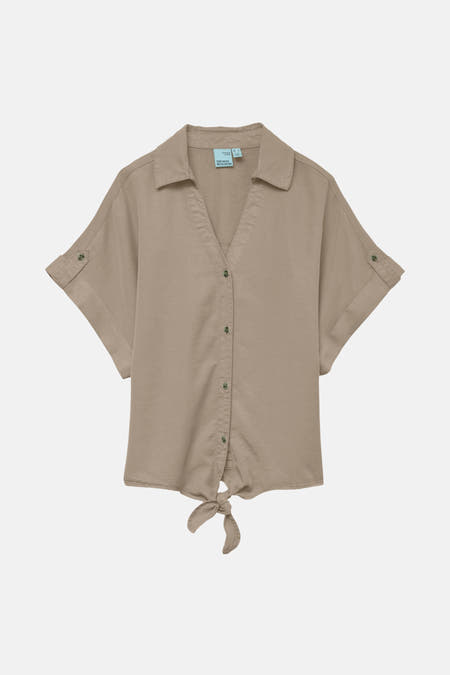 Beige dameshemd met korte mouwen van VERO MODA, met knoopsluiting en strikdetail.