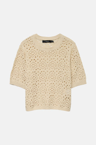 Gilet beige avec col rond de VERO MODA, avec un motif tricoté ouvert et des manches courtes.