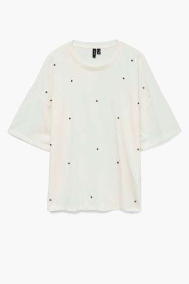T-shirt blanc à manches courtes de VERO MODA, orné de strass argentés sur l'avant.