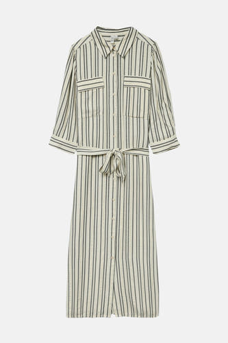 Tunique écru à manches courtes de VERO MODA, avec des rayures verticales et une ceinture élastiquée.