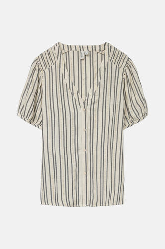 Ecru hemd met korte mouwen van Vero Moda, met verticale strepen in zwart en gouddraad.