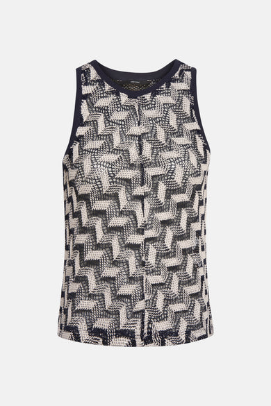 Blouse bleue sans manches de Vero Moda avec un motif tricoté géométrique et des bords foncés.