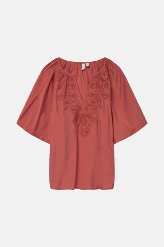 Bruine blouse van VERO MODA® met V-halslijn en geborduurde details op de voorkant.
