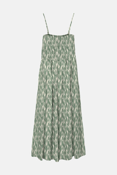 Jupe verte sans manches de VERO MODA® avec un motif abstrait, smockage en haut et bretelles spaghetti.