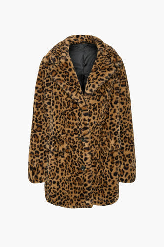 Bruine lange jas van VERO MODA met luipaardprint, knoopsluiting en kraag.