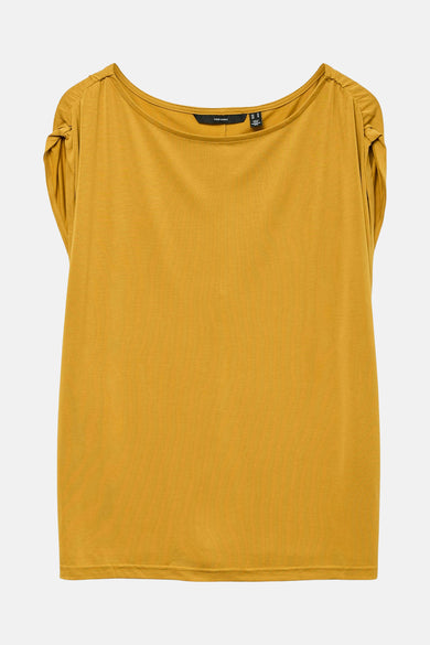 Gele mouwloze top van VERO MODA met gedrapeerde schouders en ronde halslijn.
