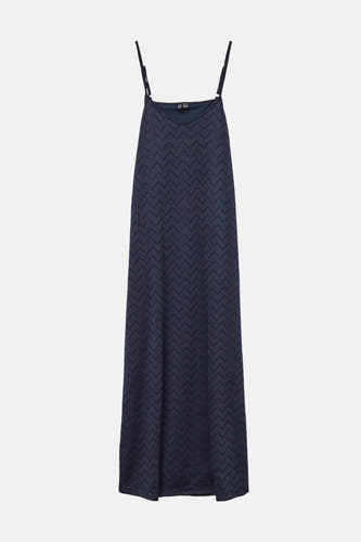 Donkerblauwe mouwloze kleedje van Vero Moda, met een geperforeerd zigzagpatroon en spaghettibandjes.
