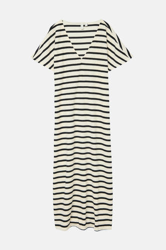 Wit kleedje met korte mouwen van VERO MODA, met een zwart gestreept patroon en een V-hals.

