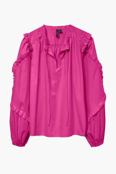 Blouse rose à longues manches de VERO MODA, avec des détails froncés et un col V avec des cordons.
